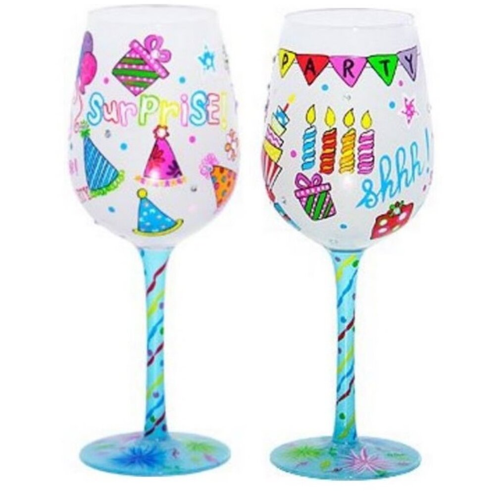 "Surprise" Hand Painted Celebration Wine Glass by Bottom's Up with Bling